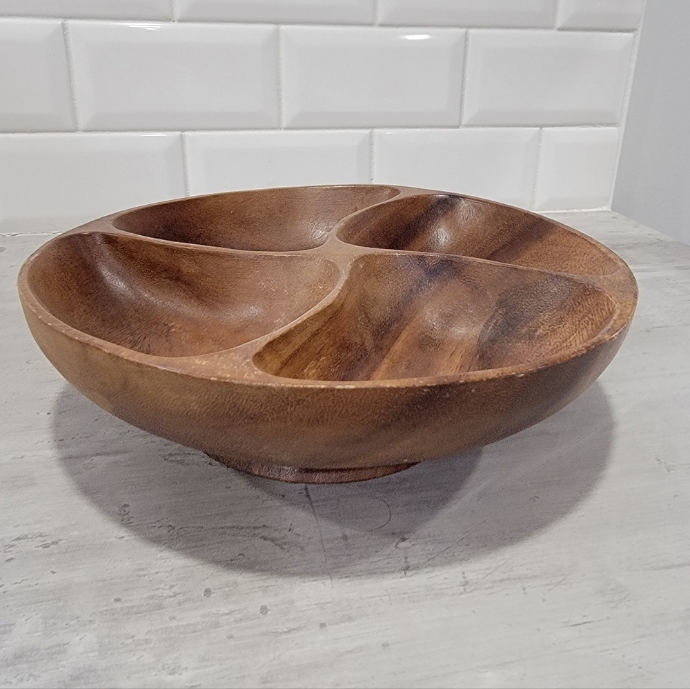 Vintage Wooden Swivel Serving Dish Divided Plate Carved Lazy Susan Mid-Century - Picture 2 of 15